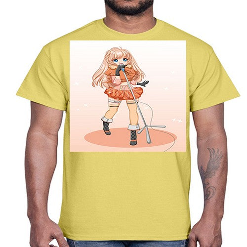 Happy and beautiful singer woman with microphone 160#- anime- Cotton Tee