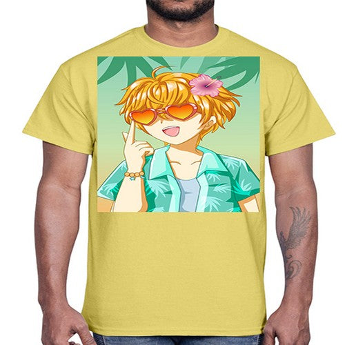 Happy and cute boy with glasses in beach in the summer 180#- anime- Cotton Tee