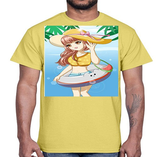Happy and funny girl in beach with cute buoy in the summer 11#- anime- Cotton Tee