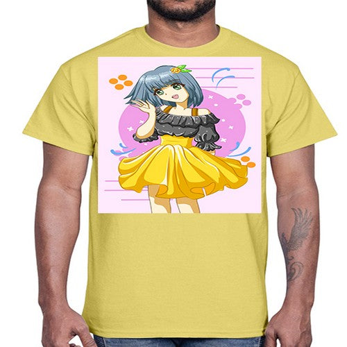 Happy and funny girl with black yellow dress in summer 41#- anime- Cotton Tee