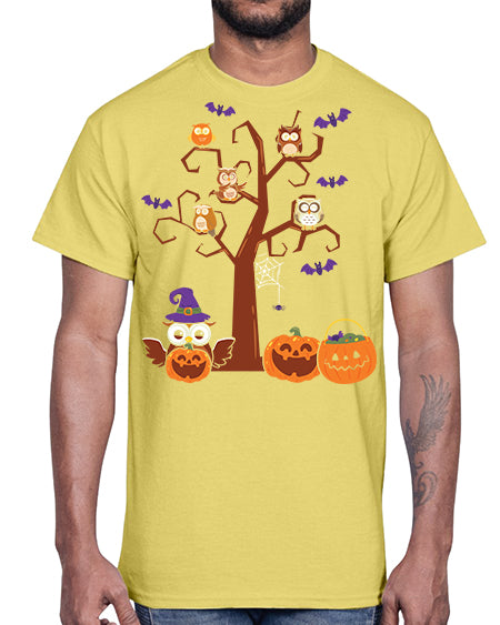 Owl With Pumpkin Halloween Tree A TurtleRabbit 16#- owl- Cotton Tee