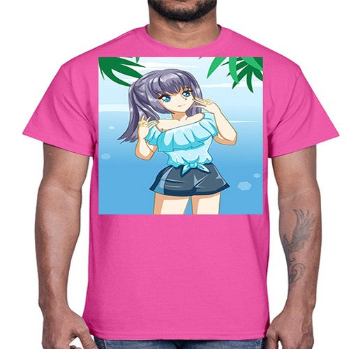Cute and happy girl with blue shirt in summer 125#- anime- Cotton Tee