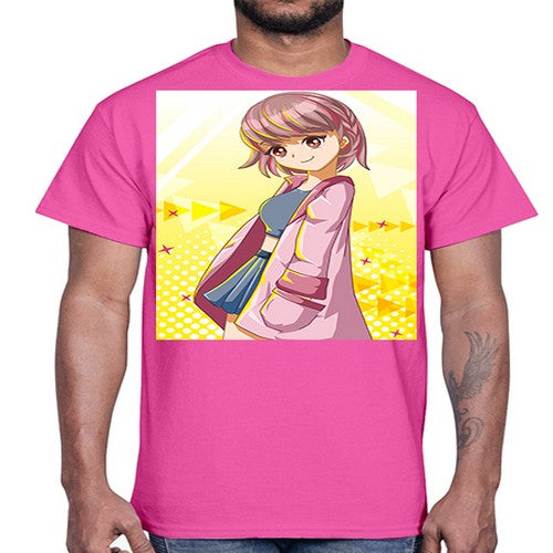 Cute and happy girl with pink coat 111#- anime- Cotton Tee