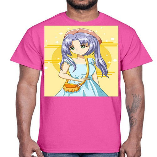 Cute and soft girl blue hair with blue dress in summer holiday 60#- anime- Cotton Tee