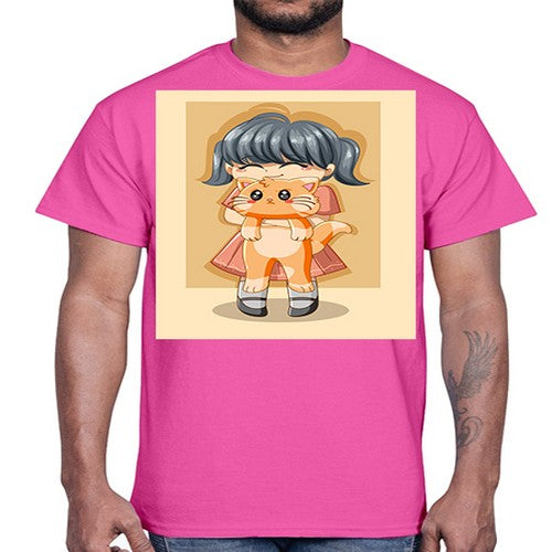 Cute girl with cat animal day 135#- anime- Cotton Tee