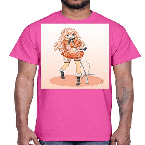 Happy and beautiful singer woman with microphone 160#- anime- Cotton Tee
