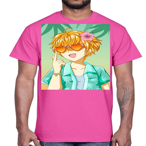 Happy and cute boy with glasses in beach in the summer 180#- anime- Cotton Tee