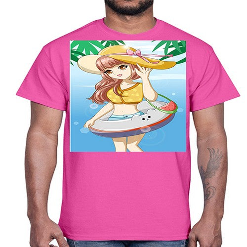 Happy and funny girl in beach with cute buoy in the summer 11#- anime- Cotton Tee