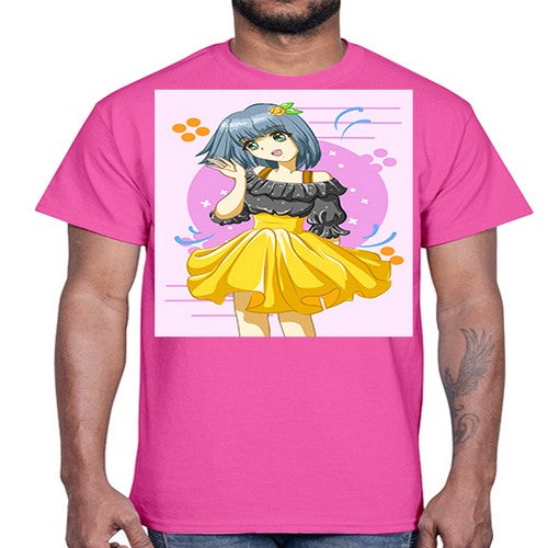 Happy and funny girl with black yellow dress in summer 41#- anime- Cotton Tee