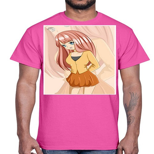 Happy beautiful and cute girl pink long hair 5#- anime- Cotton Tee