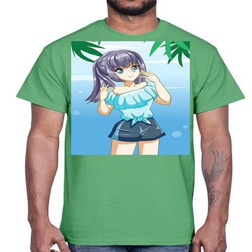Cute and happy girl with blue shirt in summer 125#- anime- Cotton Tee