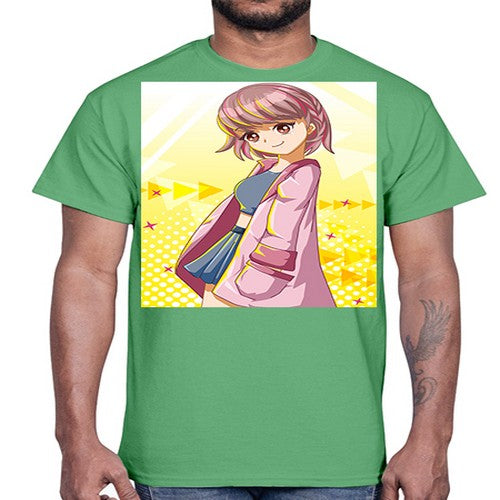 Cute and happy girl with pink coat 111#- anime- Cotton Tee