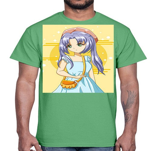 Cute and soft girl blue hair with blue dress in summer holiday 60#- anime- Cotton Tee