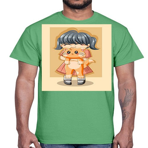 Cute girl with cat animal day 135#- anime- Cotton Tee