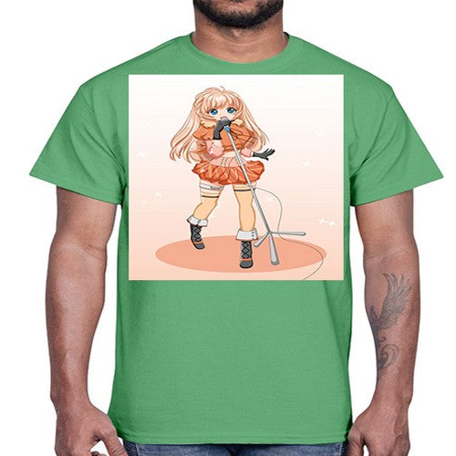 Happy and beautiful singer woman with microphone 160#- anime- Cotton Tee
