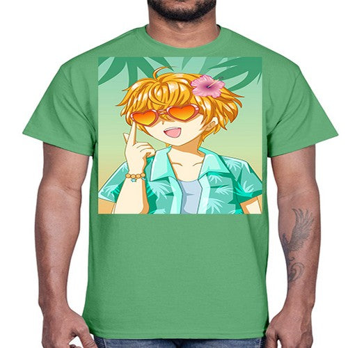 Happy and cute boy with glasses in beach in the summer 180#- anime- Cotton Tee