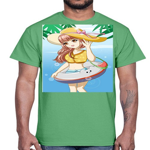 Happy and funny girl in beach with cute buoy in the summer 11#- anime- Cotton Tee