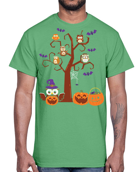 Owl With Pumpkin Halloween Tree A TurtleRabbit 16#- owl- Cotton Tee