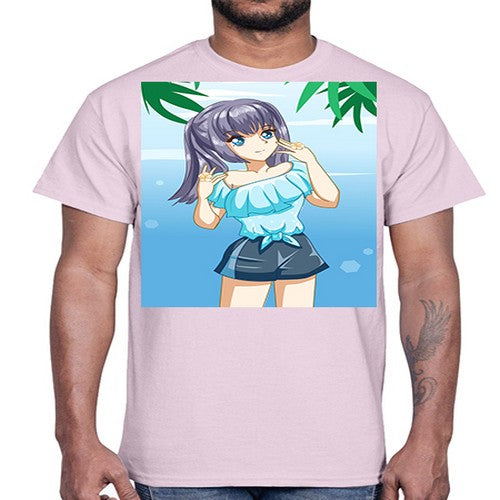 Cute and happy girl with blue shirt in summer 125#- anime- Cotton Tee