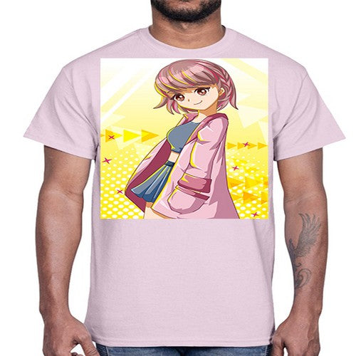 Cute and happy girl with pink coat 111#- anime- Cotton Tee