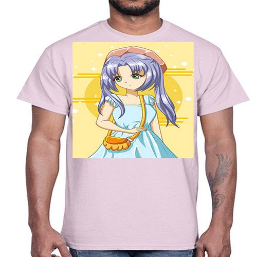 Cute and soft girl blue hair with blue dress in summer holiday 60#- anime- Cotton Tee