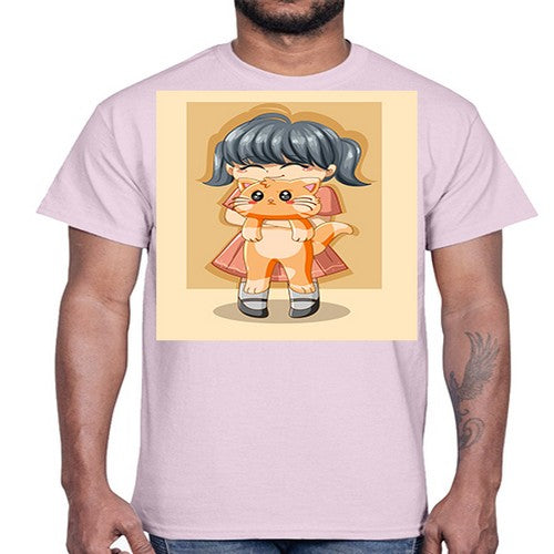 Cute girl with cat animal day 135#- anime- Cotton Tee