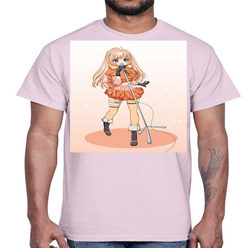 Happy and beautiful singer woman with microphone 160#- anime- Cotton Tee