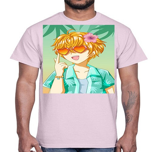 Happy and cute boy with glasses in beach in the summer 180#- anime- Cotton Tee