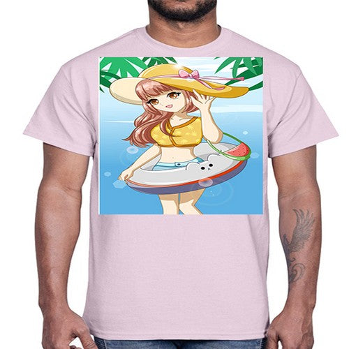 Happy and funny girl in beach with cute buoy in the summer 11#- anime- Cotton Tee