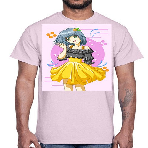 Happy and funny girl with black yellow dress in summer 41#- anime- Cotton Tee