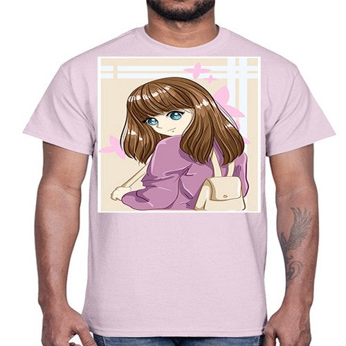 Happy and pretty college student carrying a bag 102#- anime- Cotton Tee