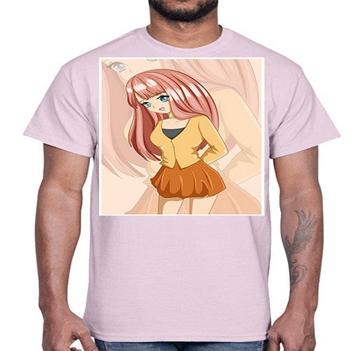 Happy beautiful and cute girl pink long hair 5#- anime- Cotton Tee