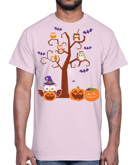 Owl With Pumpkin Halloween Tree A TurtleRabbit 16#- owl- Cotton Tee