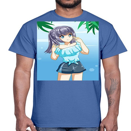 Cute and happy girl with blue shirt in summer 125#- anime- Cotton Tee