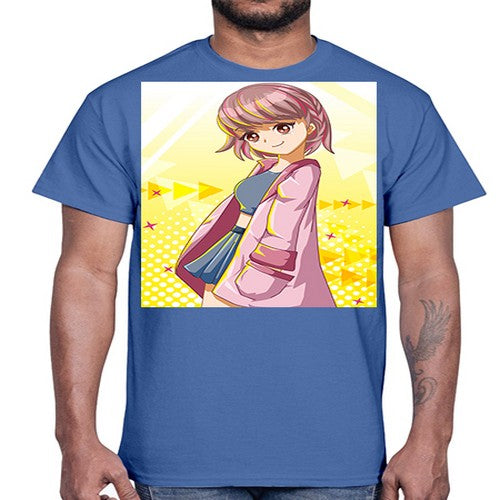 Cute and happy girl with pink coat 111#- anime- Cotton Tee