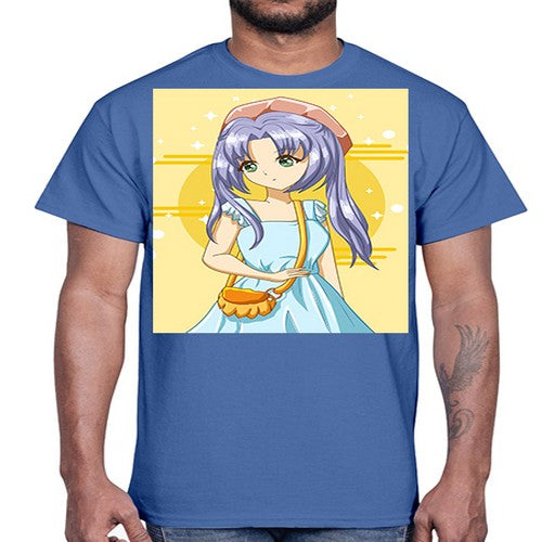 Cute and soft girl blue hair with blue dress in summer holiday 60#- anime- Cotton Tee