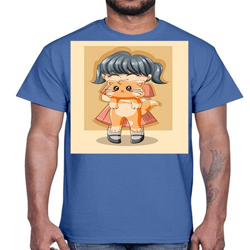 Cute girl with cat animal day 135#- anime- Cotton Tee