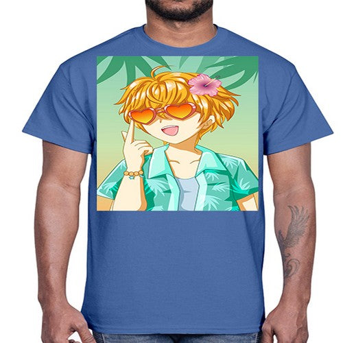 Happy and cute boy with glasses in beach in the summer 180#- anime- Cotton Tee