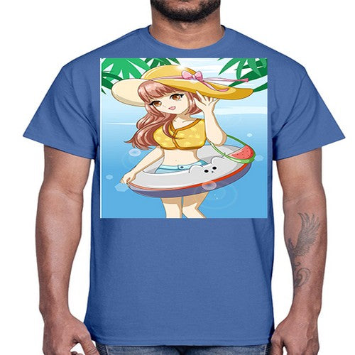 Happy and funny girl in beach with cute buoy in the summer 11#- anime- Cotton Tee