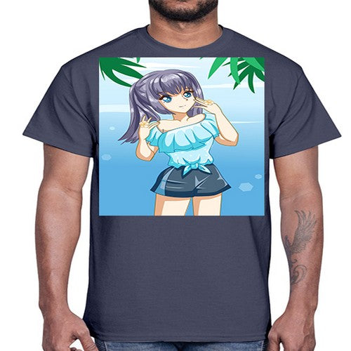 Cute and happy girl with blue shirt in summer 125#- anime- Cotton Tee
