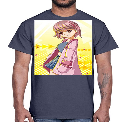 Cute and happy girl with pink coat 111#- anime- Cotton Tee