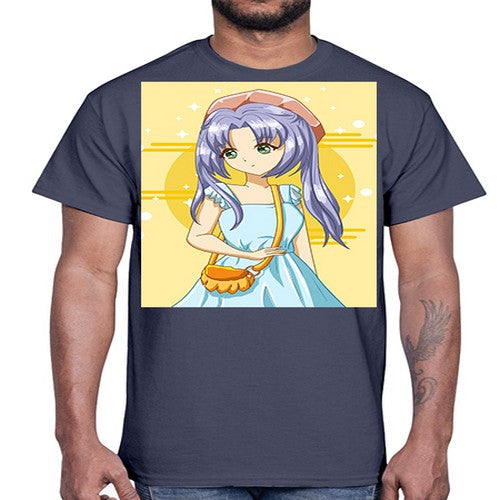 Cute and soft girl blue hair with blue dress in summer holiday 60#- anime- Cotton Tee