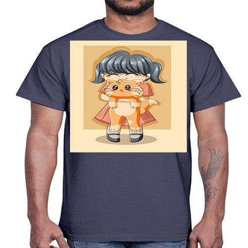 Cute girl with cat animal day 135#- anime- Cotton Tee