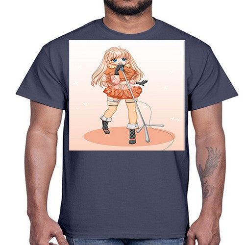 Happy and beautiful singer woman with microphone 160#- anime- Cotton Tee