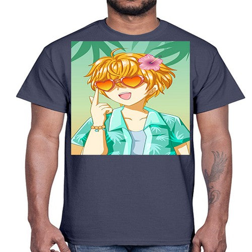 Happy and cute boy with glasses in beach in the summer 180#- anime- Cotton Tee