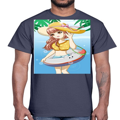 Happy and funny girl in beach with cute buoy in the summer 11#- anime- Cotton Tee