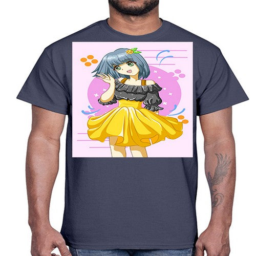 Happy and funny girl with black yellow dress in summer 41#- anime- Cotton Tee