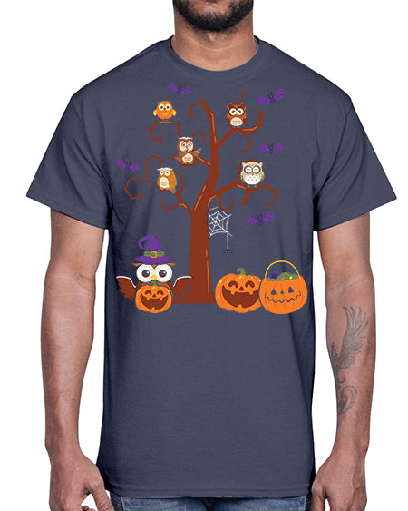 Owl With Pumpkin Halloween Tree A TurtleRabbit 16#- owl- Cotton Tee