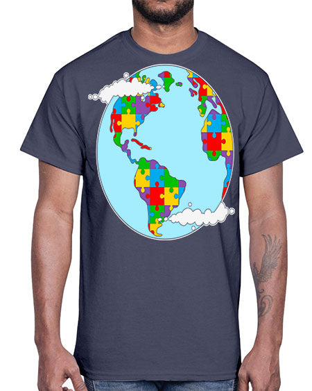 earth autism awareness heart puzzle 83#- autism- Cotton Tee