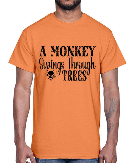 A monkey swings through trees - monkey- Cotton Tee